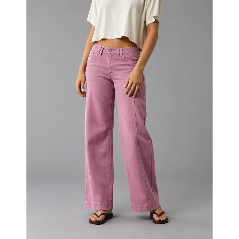 American Eagle Low Rise Baggy Wide Leg Jeans Mauve Pink Size 14 Regular